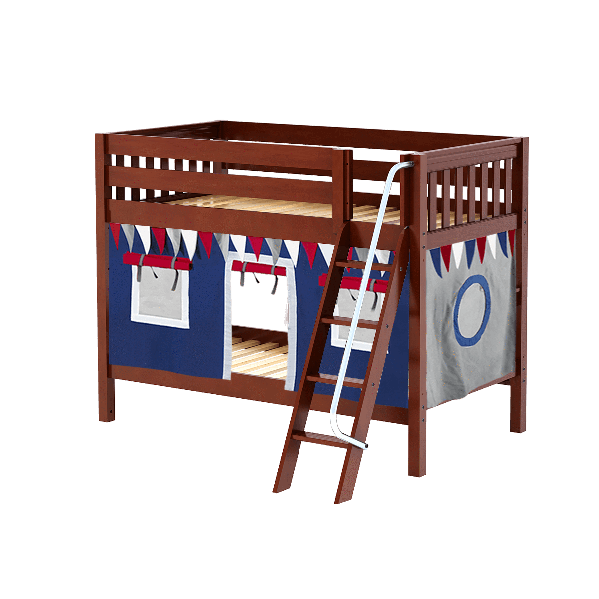 Maxtrix Twin Low Bunk Bed with Angled Ladder + Curtain