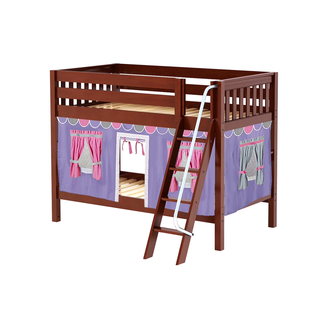 Maxtrix Twin Low Bunk Bed with Angled Ladder + Curtain