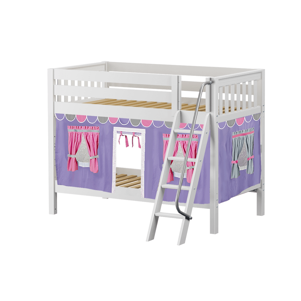 Maxtrix Twin Low Bunk Bed with Angled Ladder + Curtain