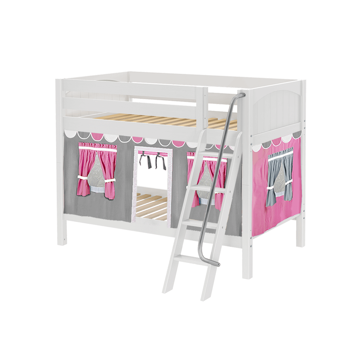 Maxtrix Twin Low Bunk Bed with Angled Ladder + Curtain