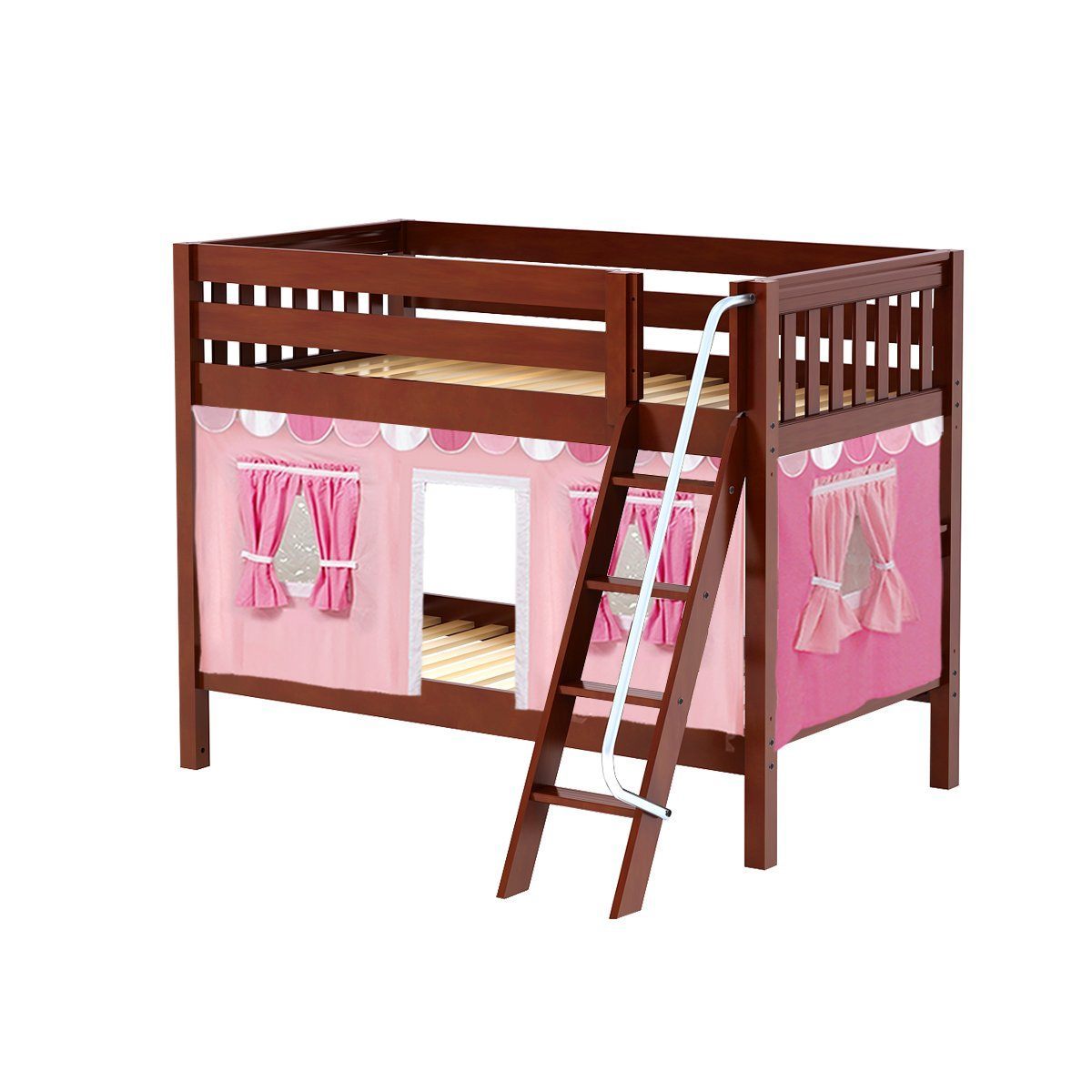 Maxtrix Twin Low Bunk Bed with Angled Ladder + Curtain