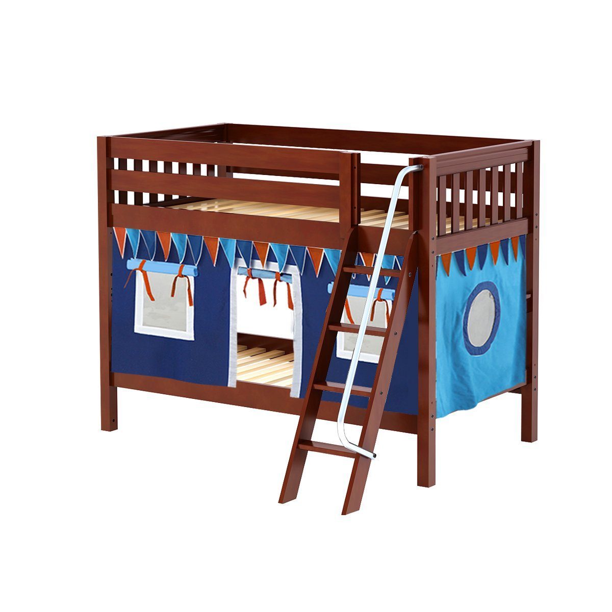 Maxtrix Twin Low Bunk Bed with Angled Ladder + Curtain