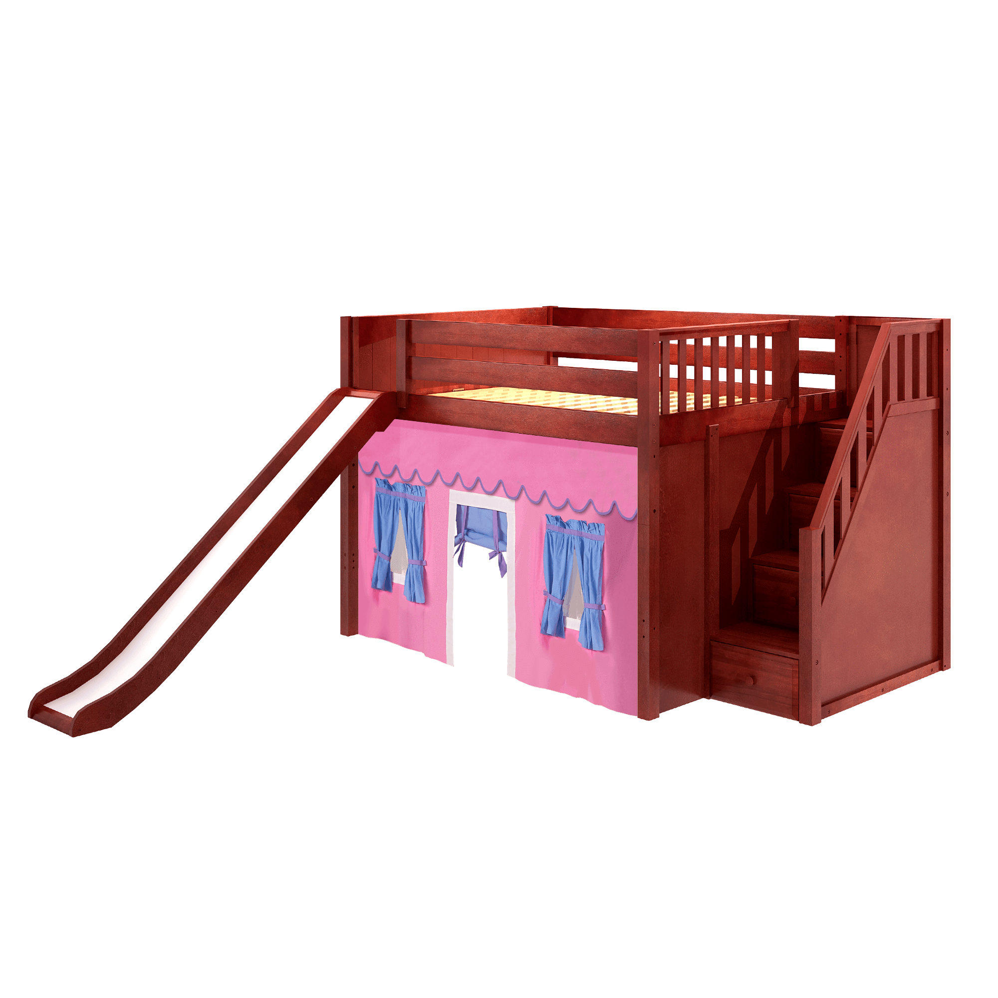 Maxtrix Full Mid Loft Bed with Stairs, Curtain + Slide