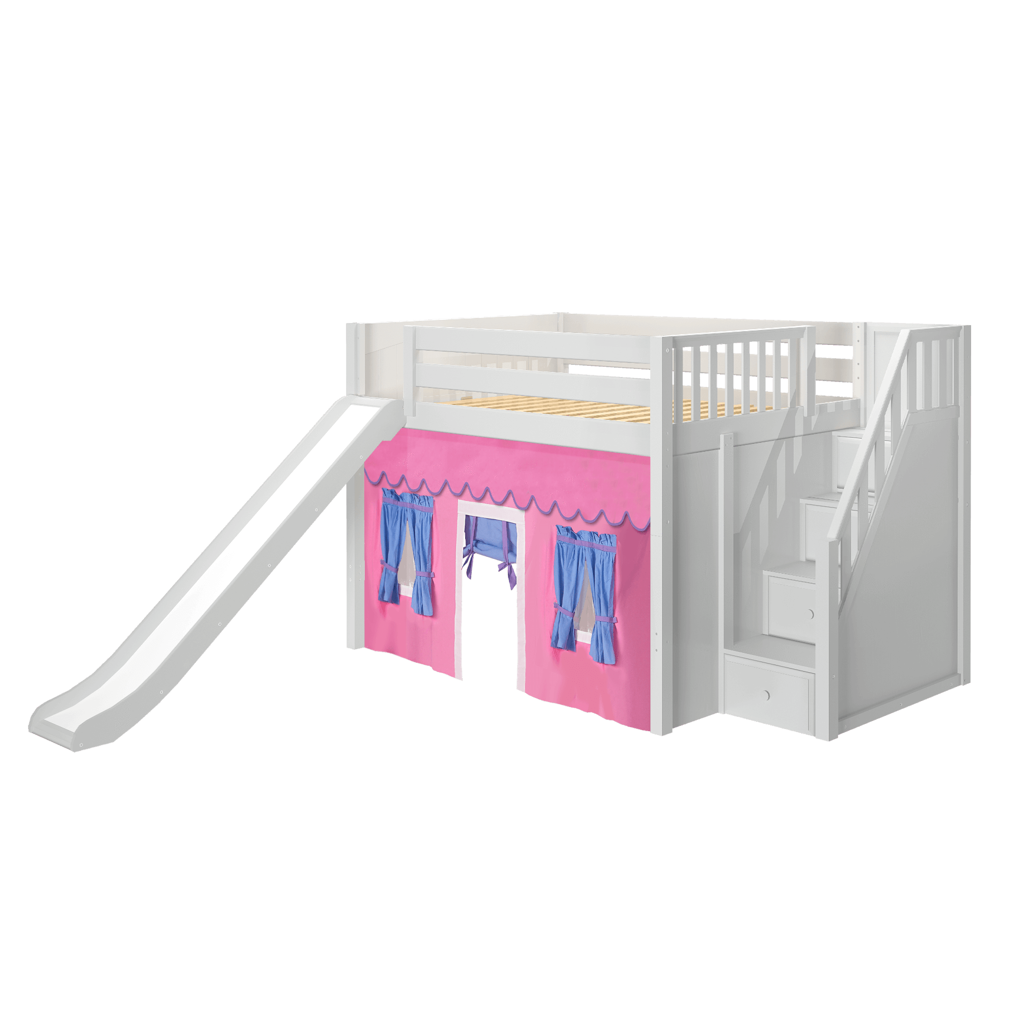 Maxtrix Full Mid Loft Bed with Stairs, Curtain + Slide