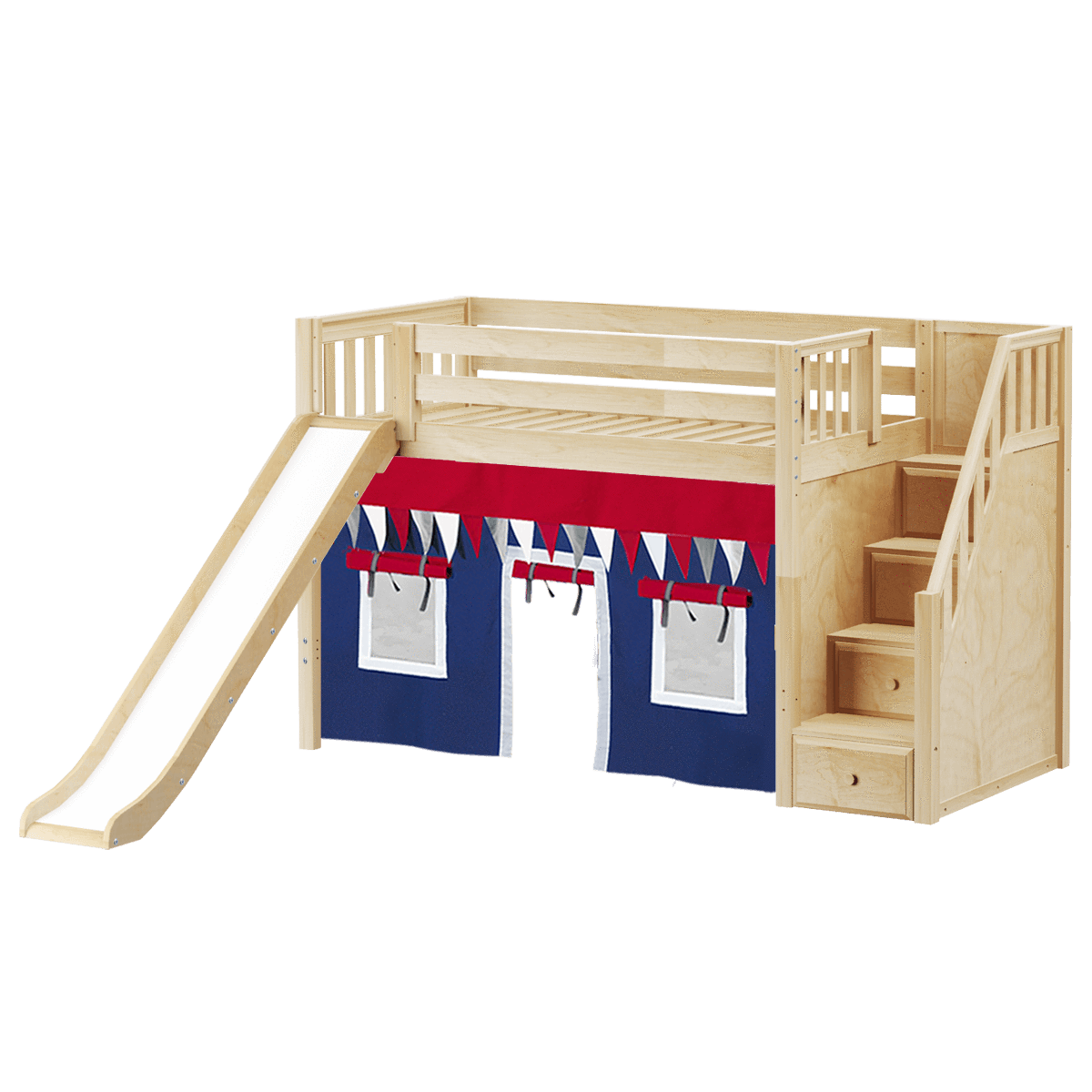 Maxtrix Twin Mid Loft Bed with Stairs, Curtain + Slide