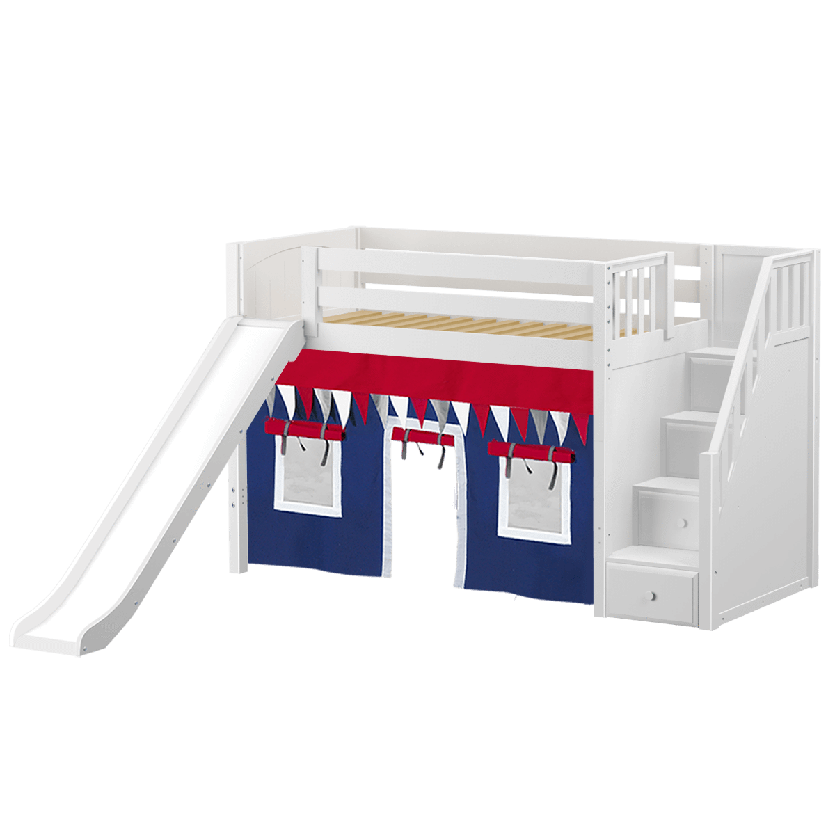 Maxtrix Twin Mid Loft Bed with Stairs, Curtain + Slide