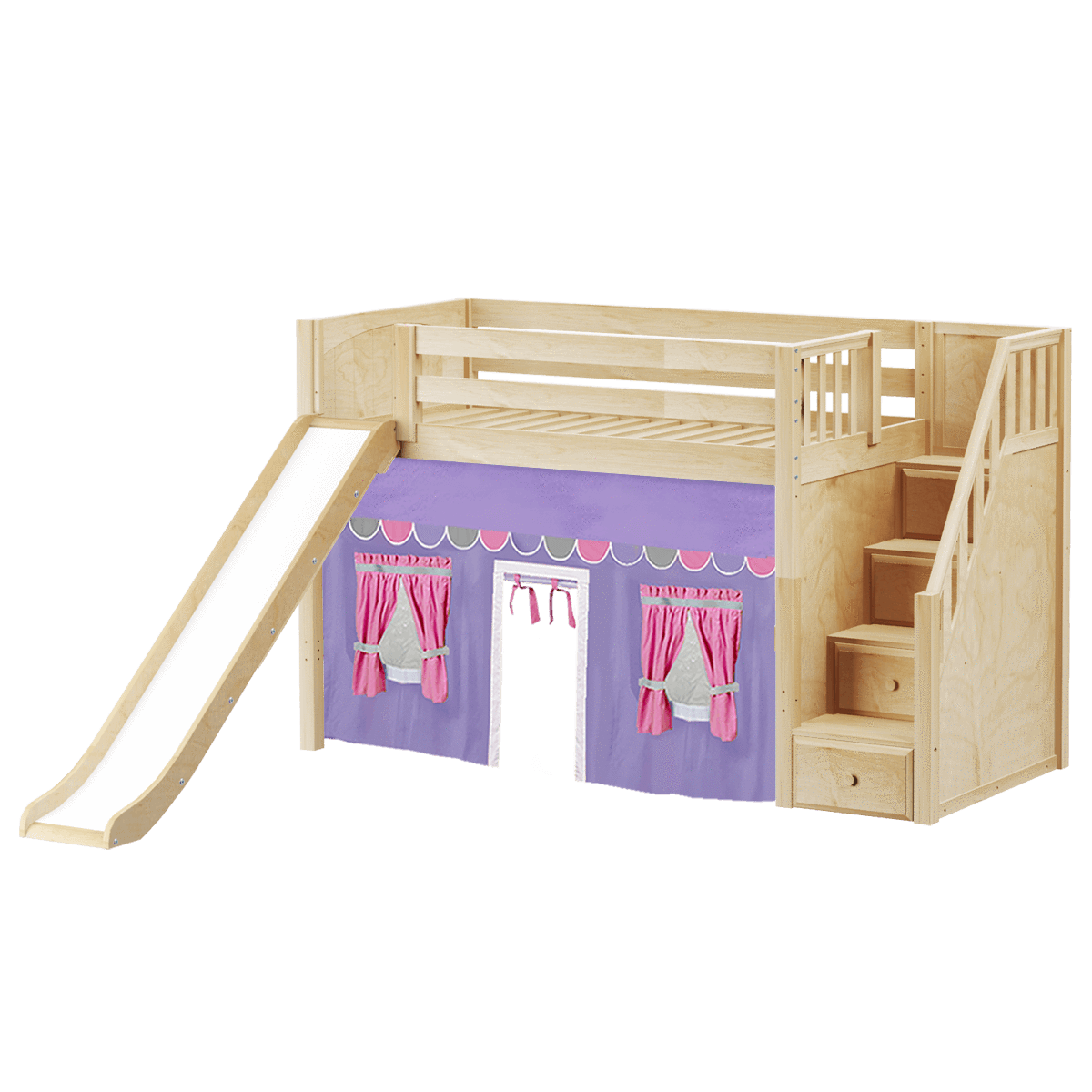 Maxtrix Twin Mid Loft Bed with Stairs, Curtain + Slide