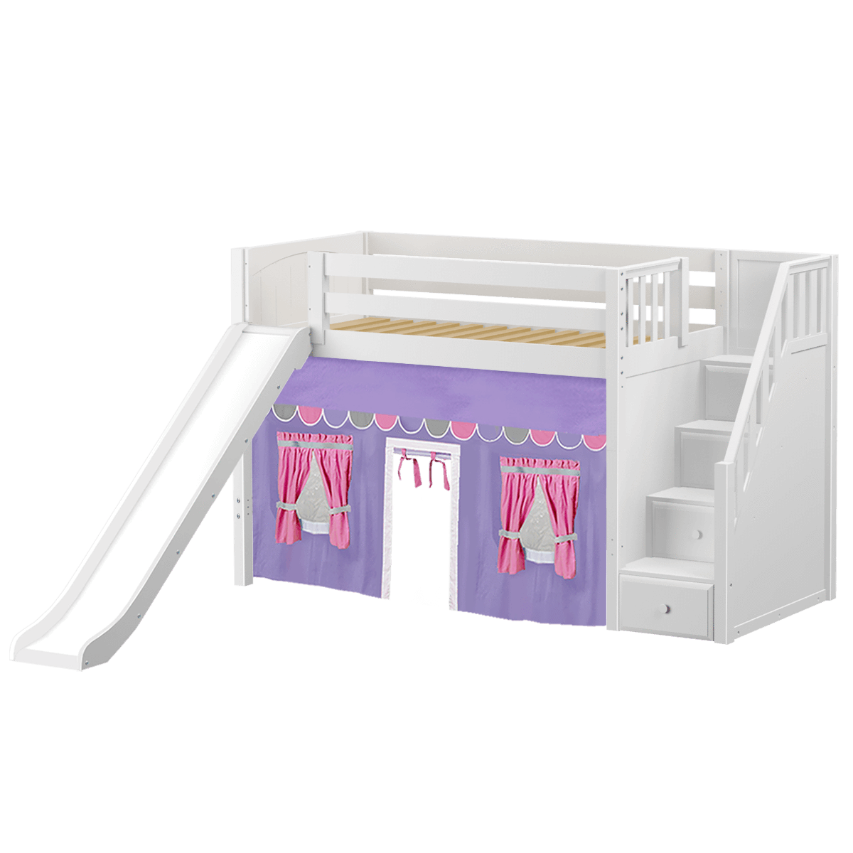 Maxtrix Twin Mid Loft Bed with Stairs, Curtain + Slide