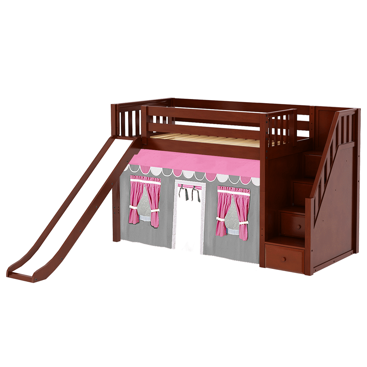 Maxtrix Twin Mid Loft Bed with Stairs, Curtain + Slide