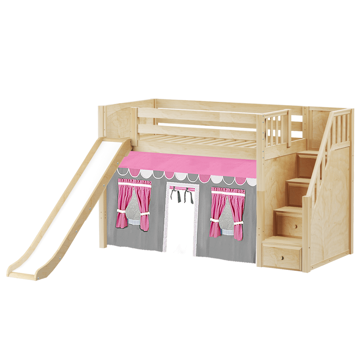 Maxtrix Twin Mid Loft Bed with Stairs, Curtain + Slide