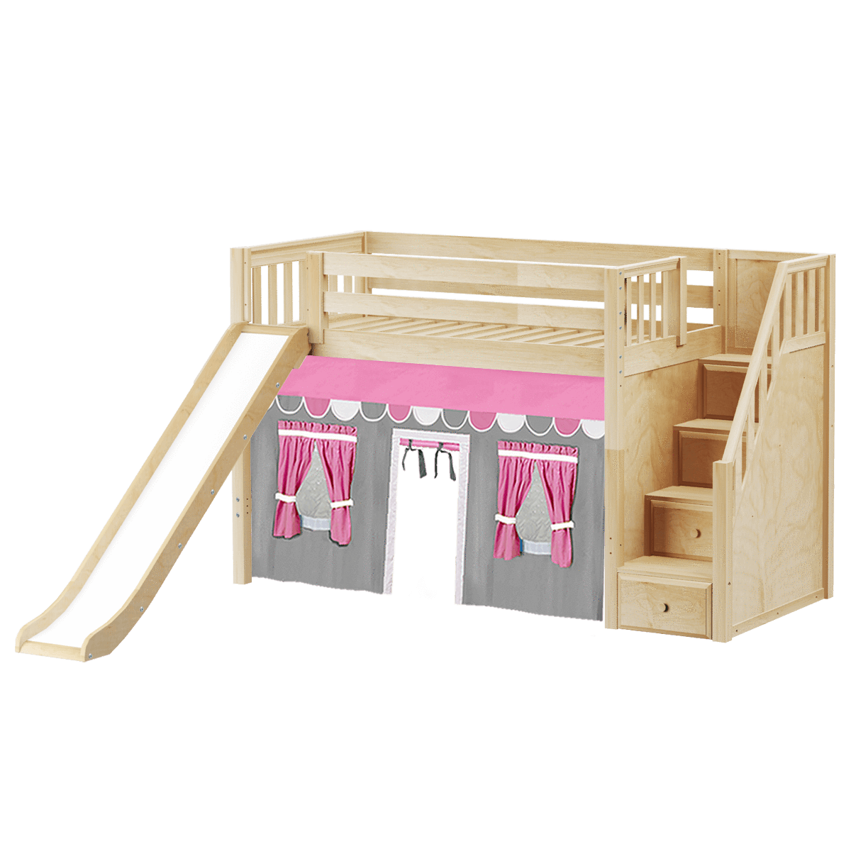 Maxtrix Twin Mid Loft Bed with Stairs, Curtain + Slide