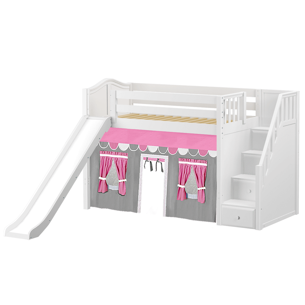 Maxtrix Twin Mid Loft Bed with Stairs, Curtain + Slide