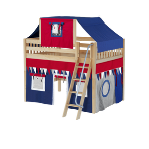 Maxtrix Full Mid Loft Bed with Angled Ladder, Curtain + Top Tent