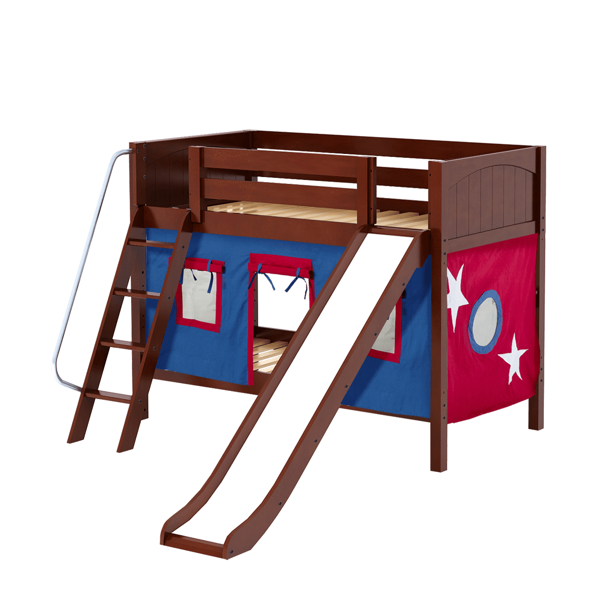 Maxtrix Twin Low Bunk Bed with Angled Ladder, Curtain + Slide