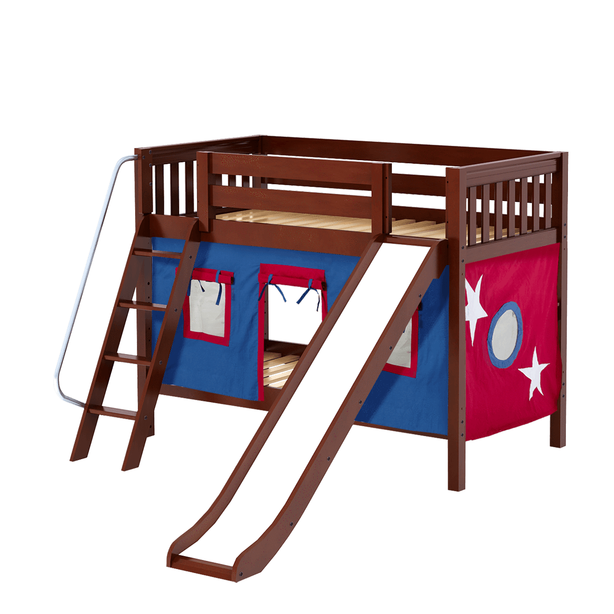 Maxtrix Twin Low Bunk Bed with Angled Ladder, Curtain + Slide