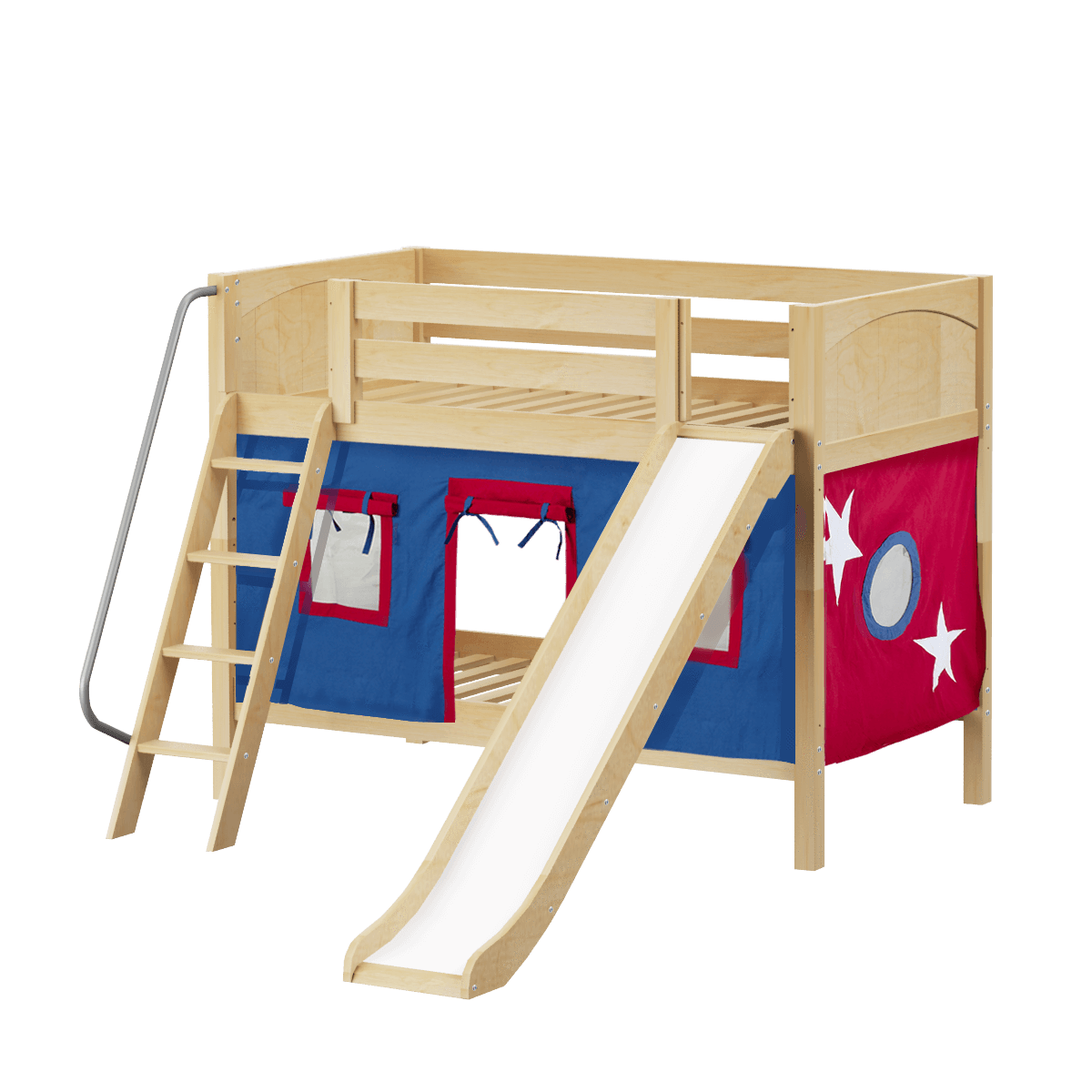 Maxtrix Twin Low Bunk Bed with Angled Ladder, Curtain + Slide