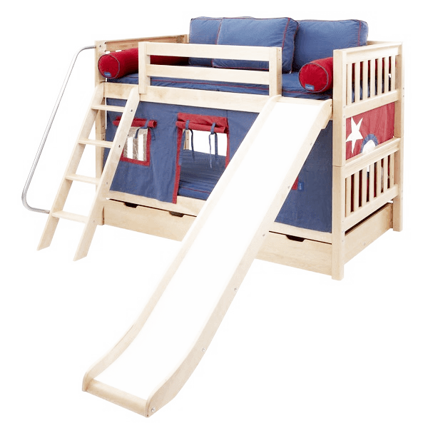 Maxtrix Twin Low Bunk Bed with Angled Ladder, Curtain + Slide