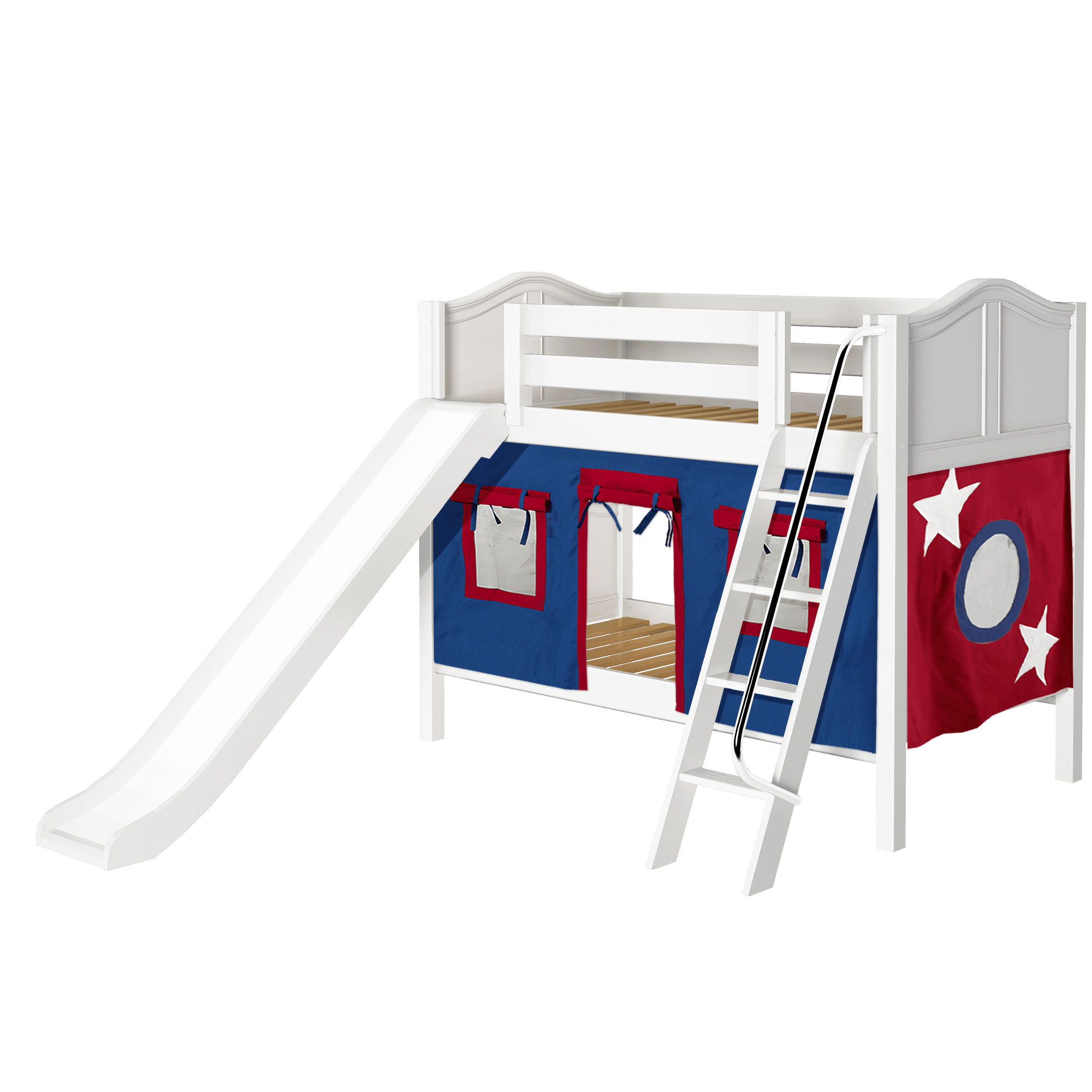 Maxtrix Twin Low Bunk Bed with Angled Ladder, Curtain + Slide