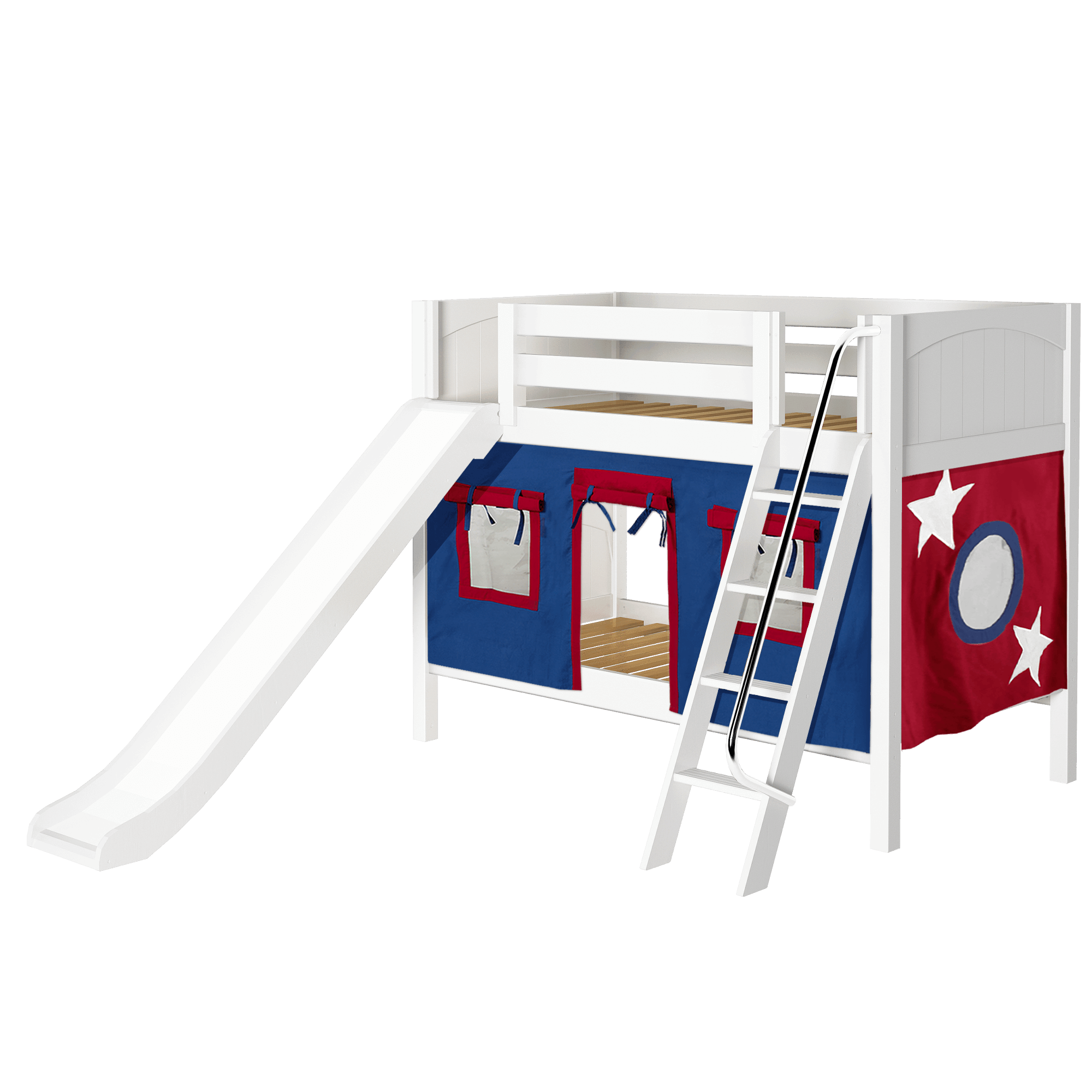 Maxtrix Twin Low Bunk Bed with Angled Ladder, Curtain + Slide