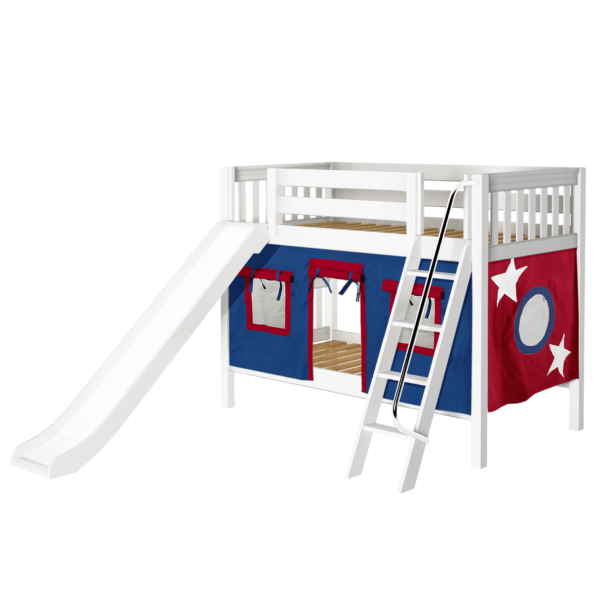 Maxtrix Twin Low Bunk Bed with Angled Ladder, Curtain + Slide