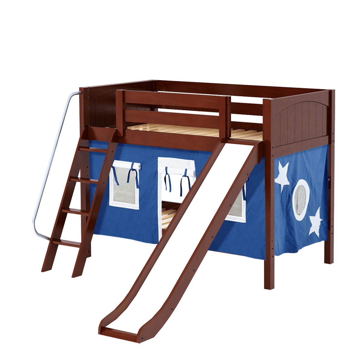 Maxtrix Twin Low Bunk Bed with Angled Ladder, Curtain + Slide