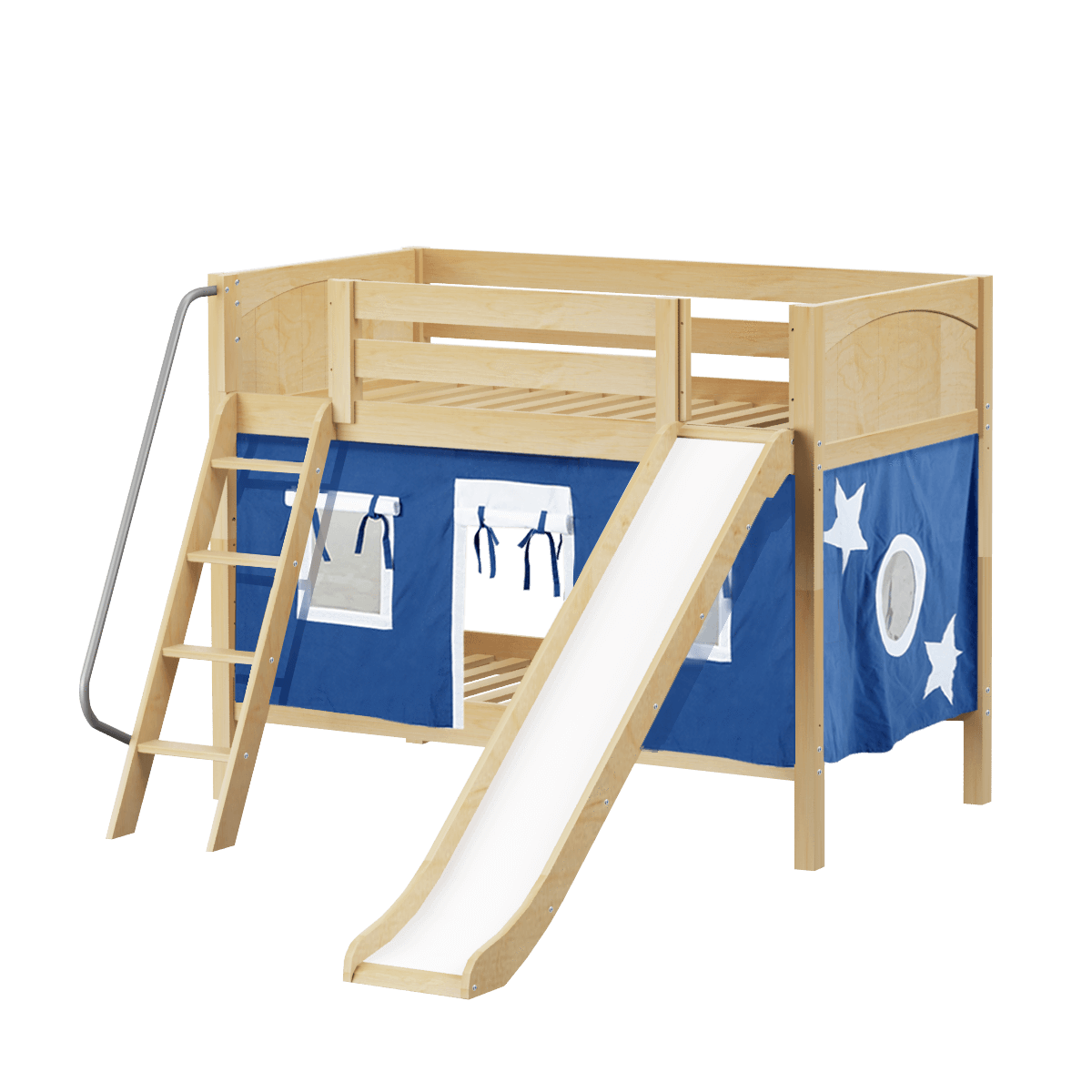 Maxtrix Twin Low Bunk Bed with Angled Ladder, Curtain + Slide