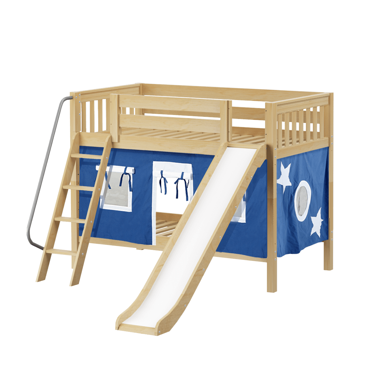 Maxtrix Twin Low Bunk Bed with Angled Ladder, Curtain + Slide