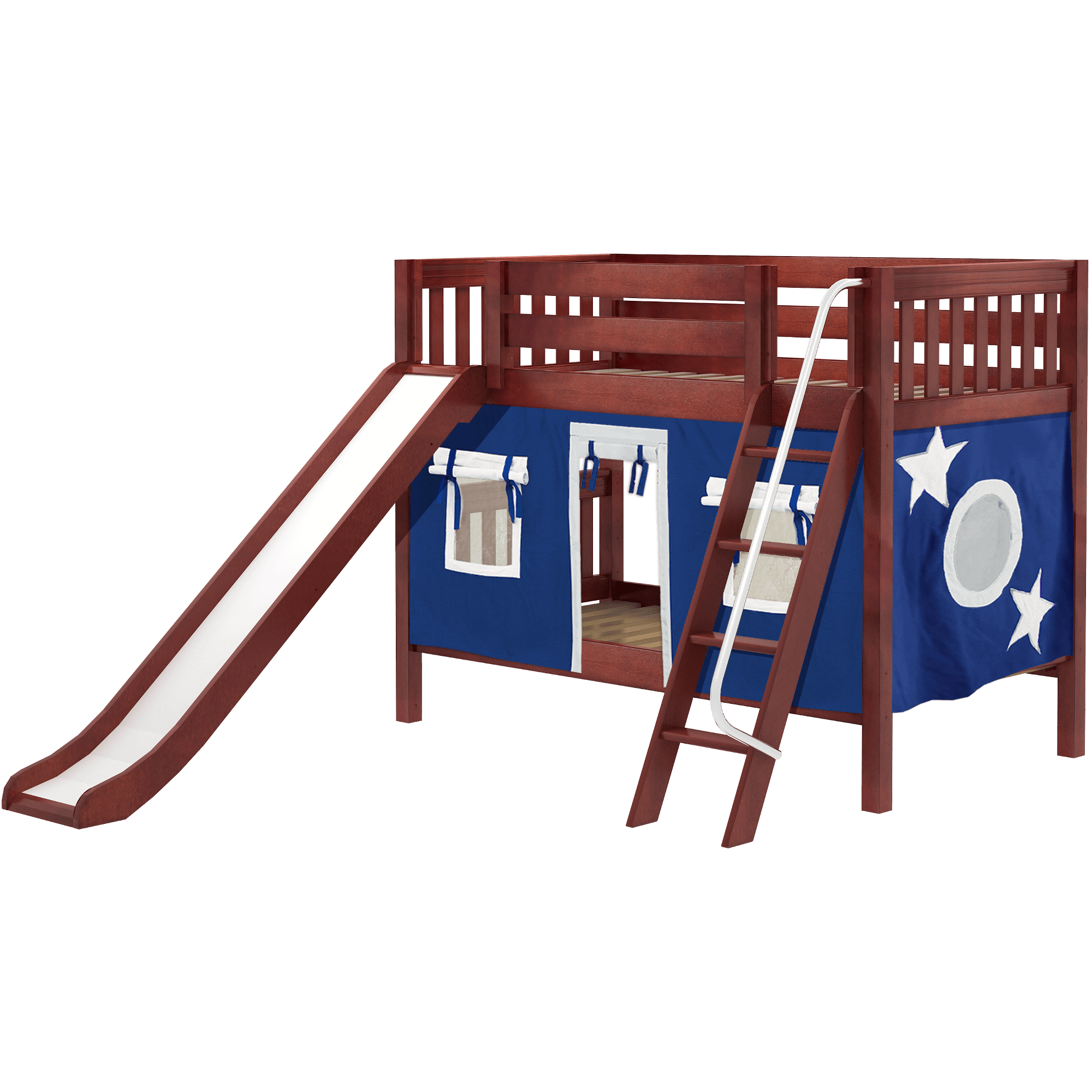 Maxtrix Twin Low Bunk Bed with Angled Ladder, Curtain + Slide