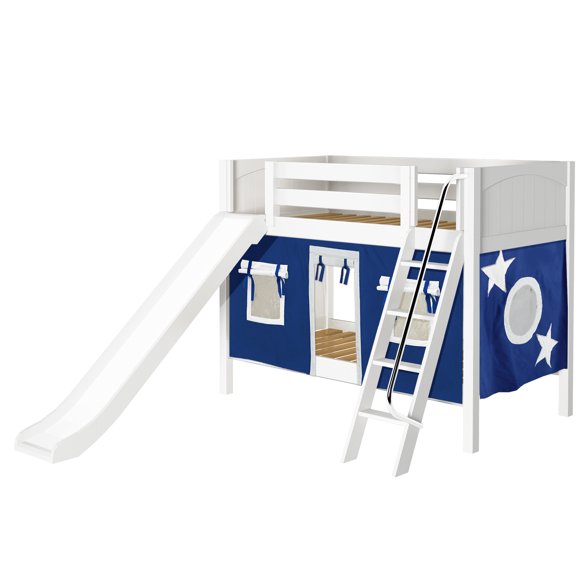 Maxtrix Twin Low Bunk Bed with Angled Ladder, Curtain + Slide