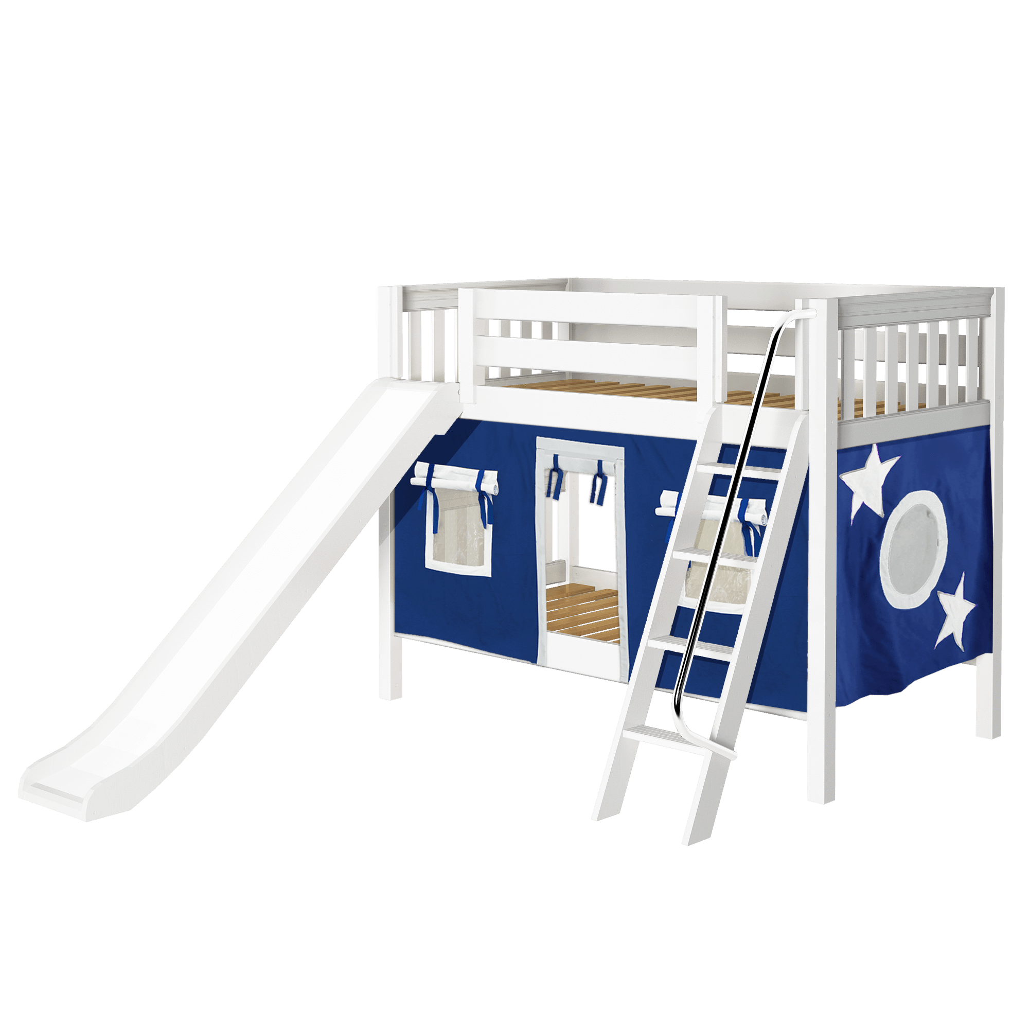 Maxtrix Twin Low Bunk Bed with Angled Ladder, Curtain + Slide