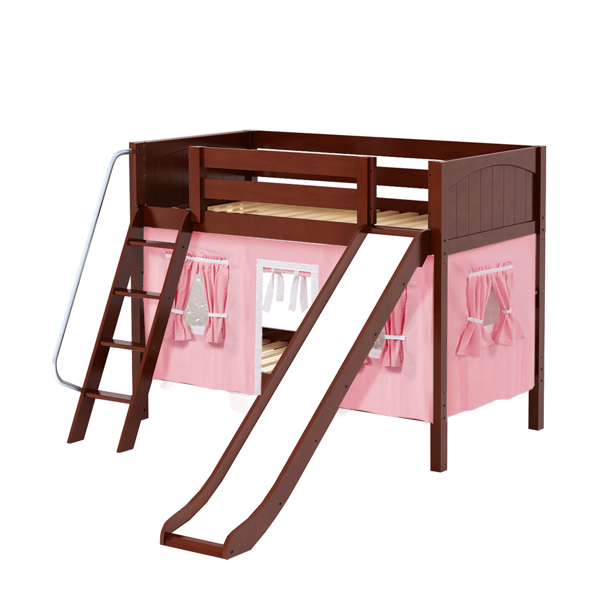 Maxtrix Twin Low Bunk Bed with Angled Ladder, Curtain + Slide