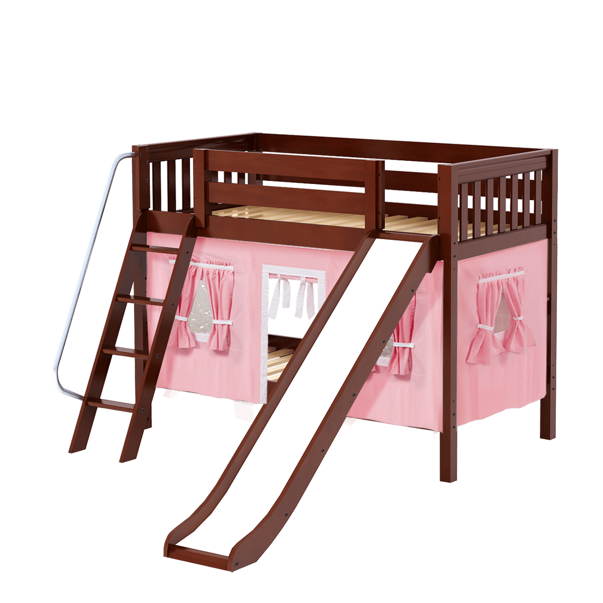 Maxtrix Twin Low Bunk Bed with Angled Ladder, Curtain + Slide