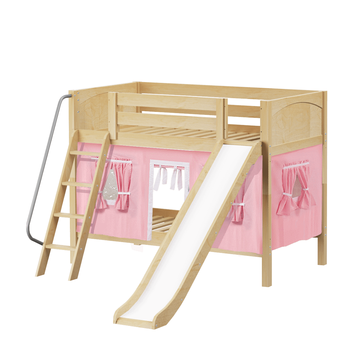 Maxtrix Twin Low Bunk Bed with Angled Ladder, Curtain + Slide