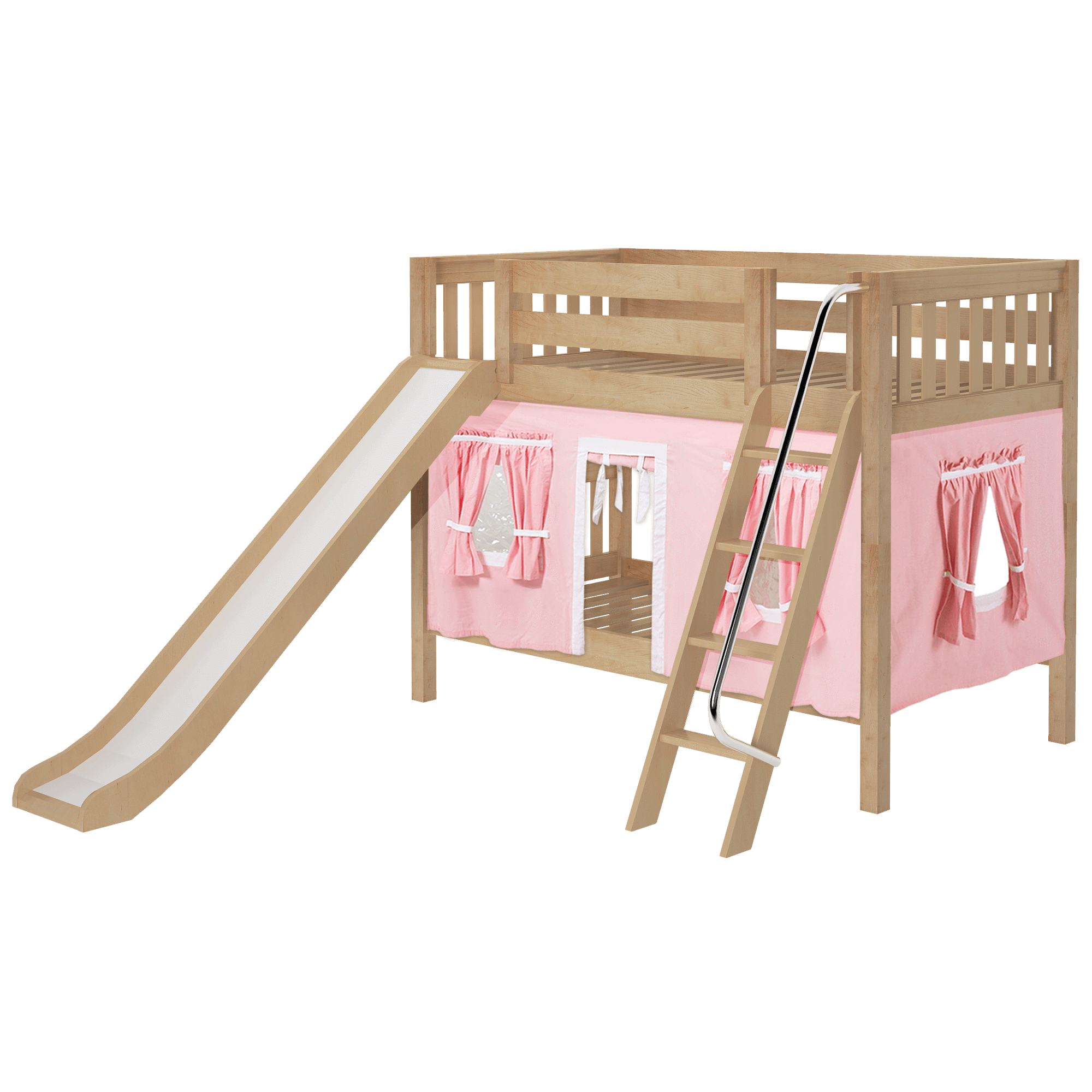 Maxtrix Twin Low Bunk Bed with Angled Ladder, Curtain + Slide