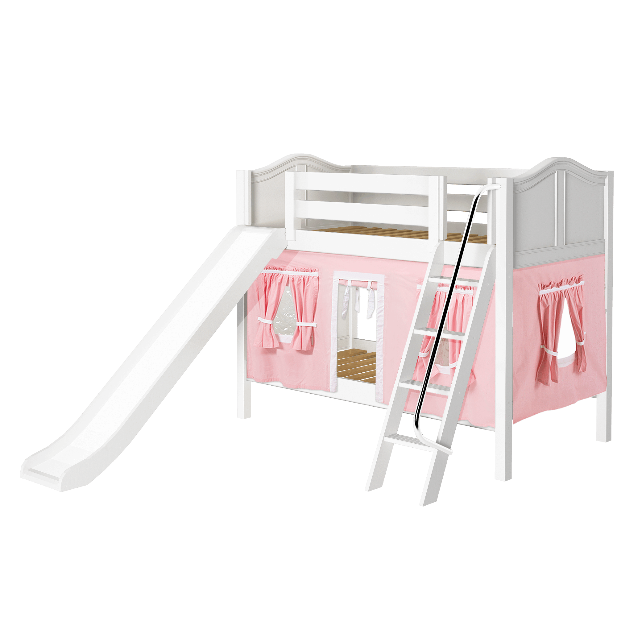 Maxtrix Twin Low Bunk Bed with Angled Ladder, Curtain + Slide