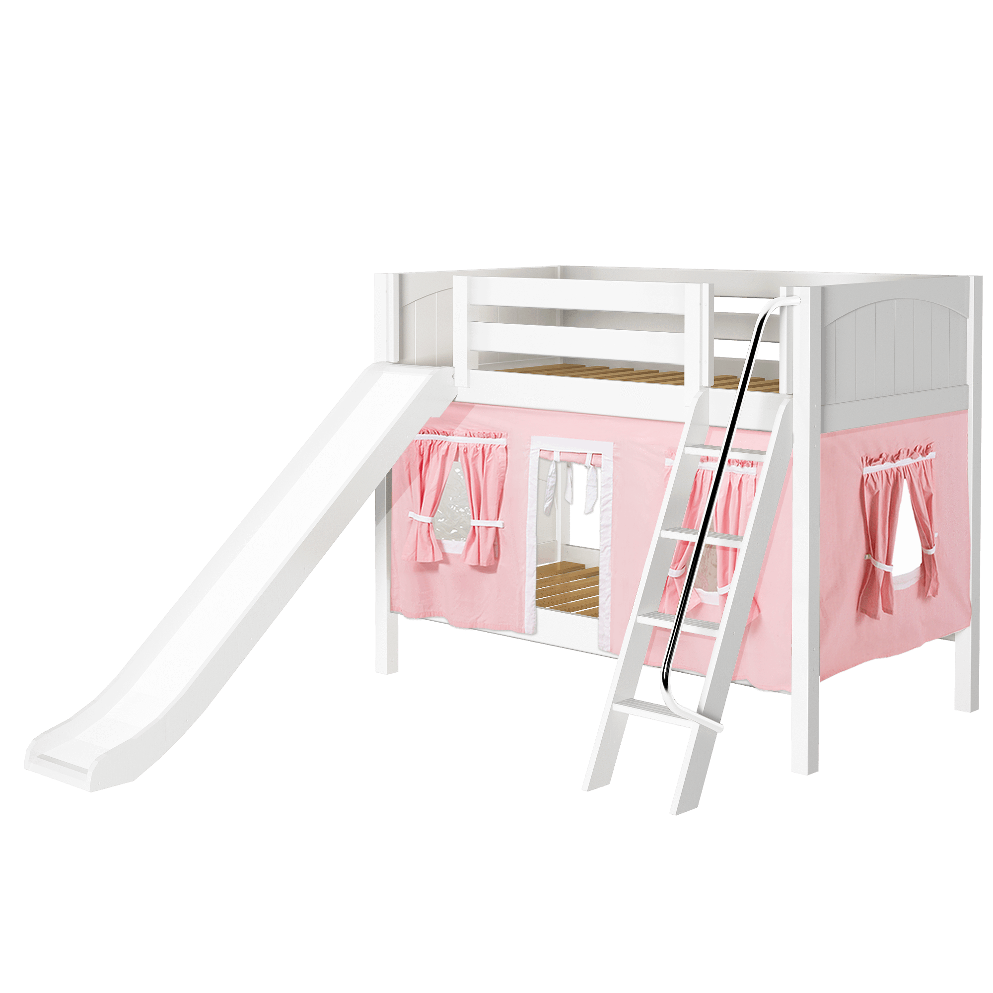 Maxtrix Twin Low Bunk Bed with Angled Ladder, Curtain + Slide