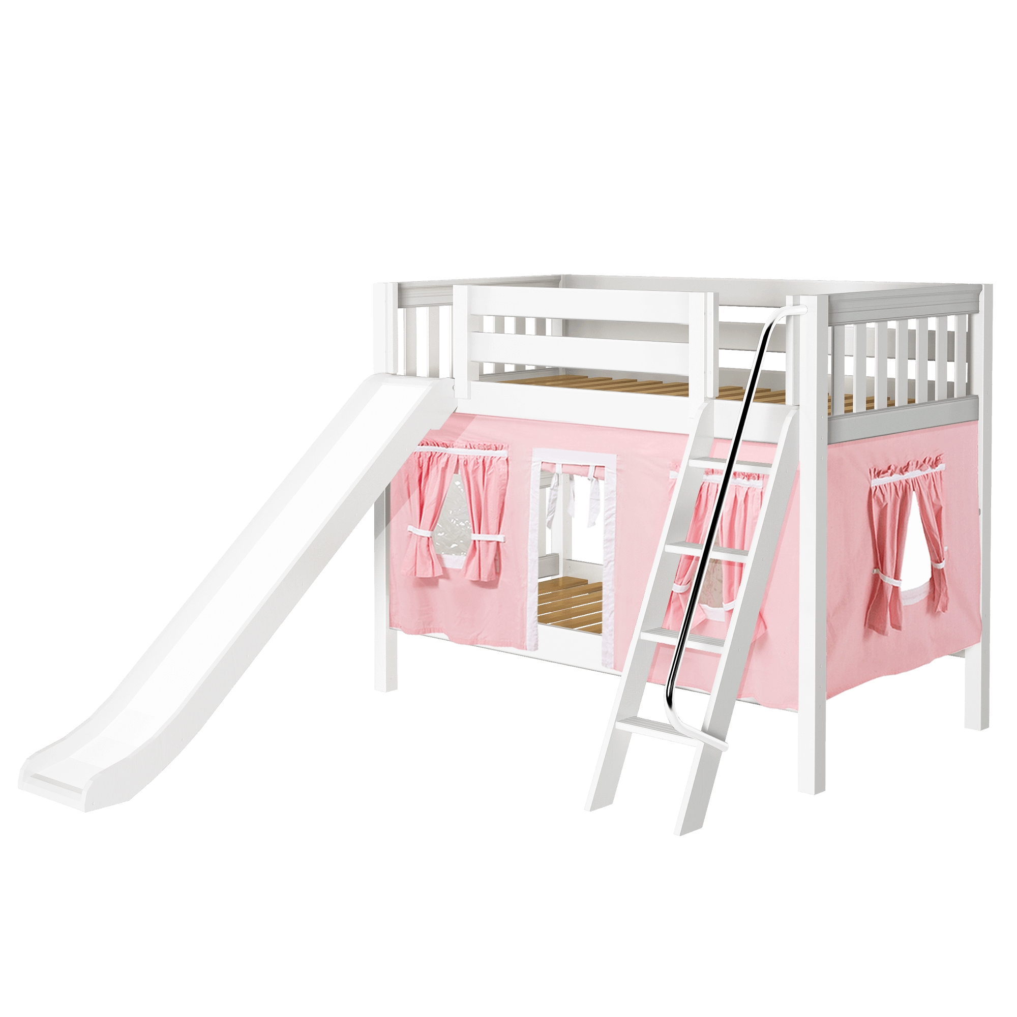 Maxtrix Twin Low Bunk Bed with Angled Ladder, Curtain + Slide