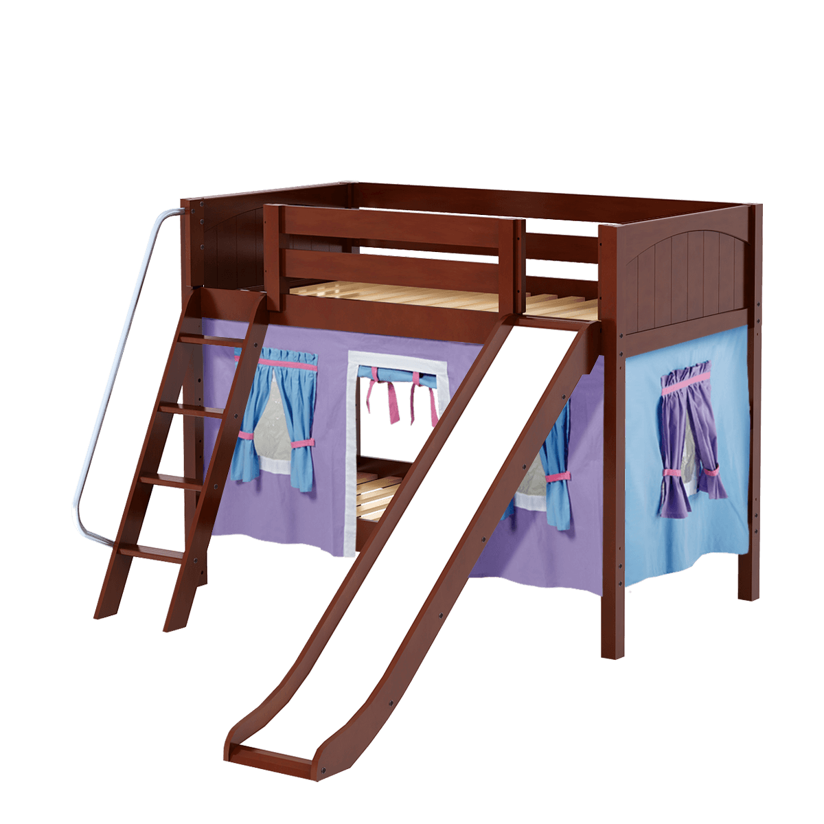 Maxtrix Twin Low Bunk Bed with Angled Ladder, Curtain + Slide