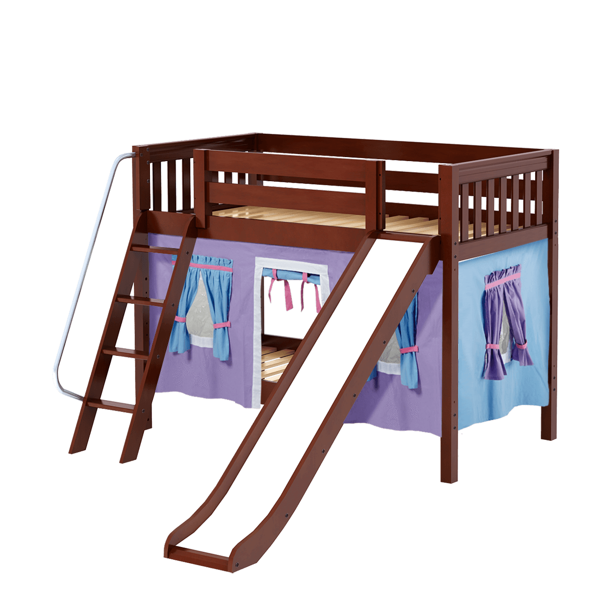 Maxtrix Twin Low Bunk Bed with Angled Ladder, Curtain + Slide