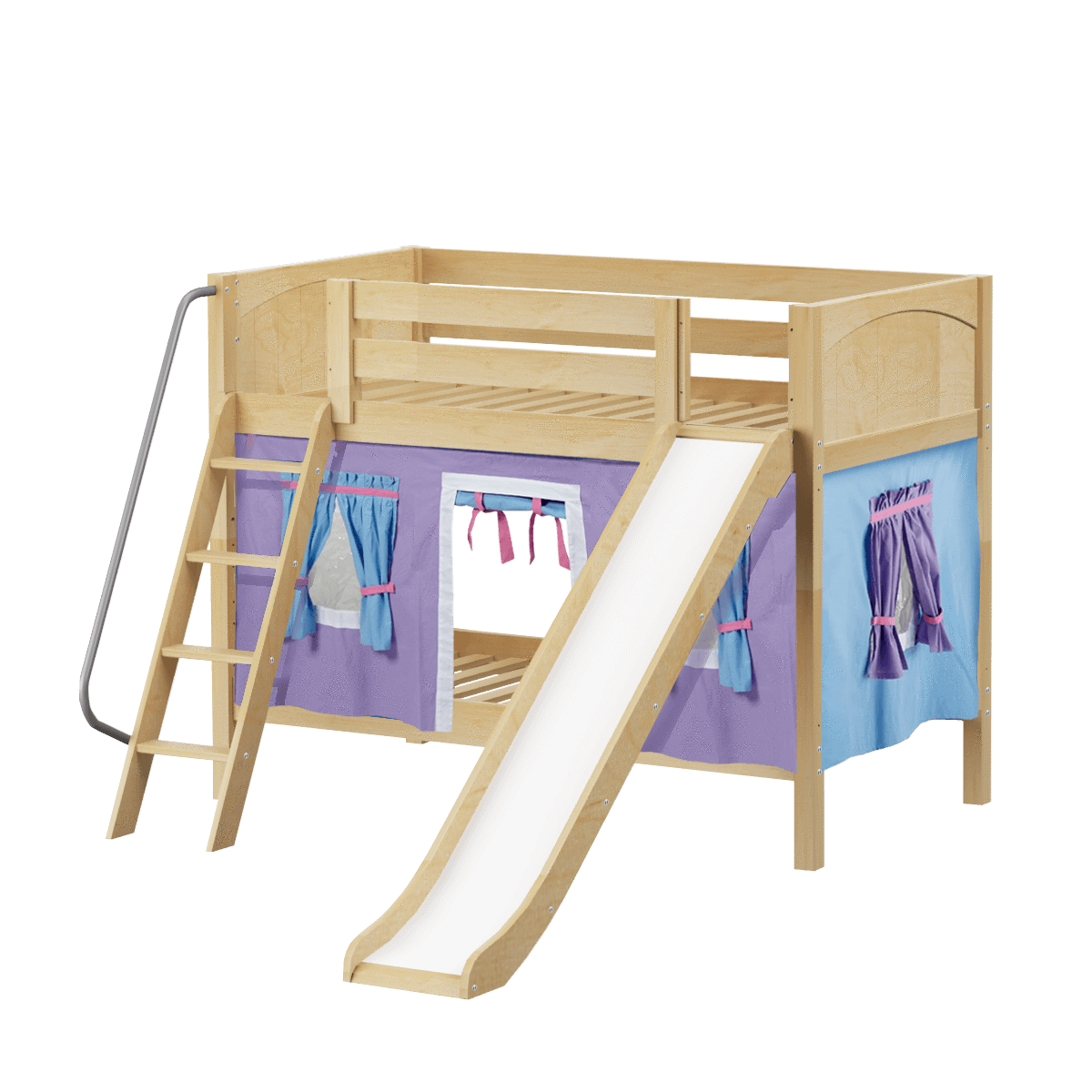 Maxtrix Twin Low Bunk Bed with Angled Ladder, Curtain + Slide