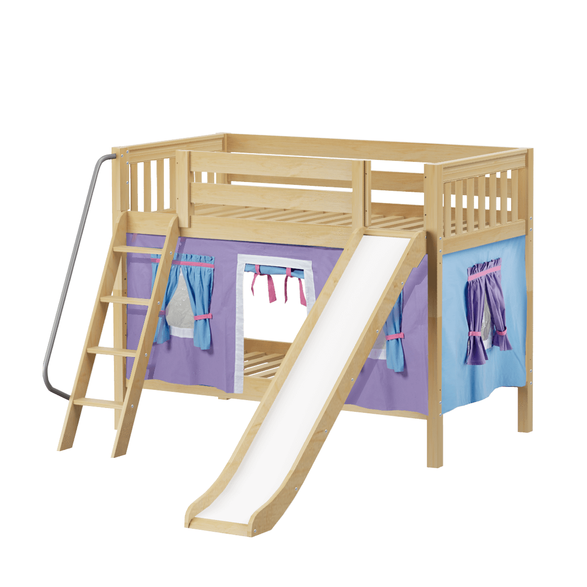 Maxtrix Twin Low Bunk Bed with Angled Ladder, Curtain + Slide