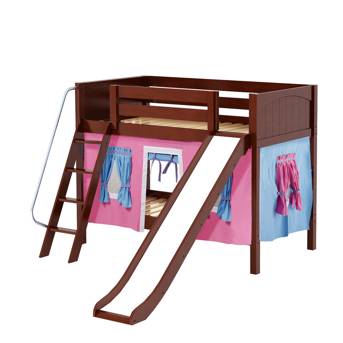 Maxtrix Twin Low Bunk Bed with Angled Ladder, Curtain + Slide