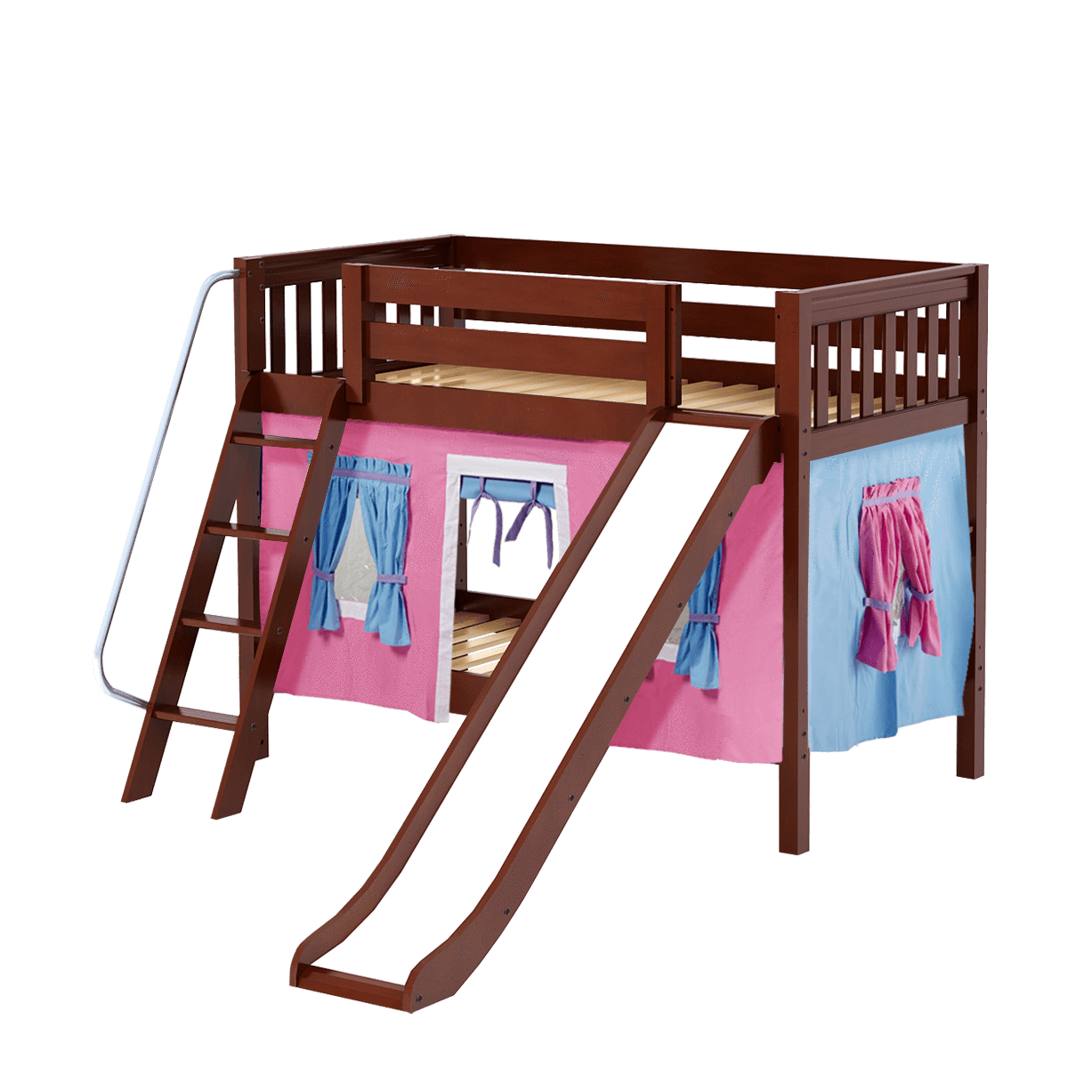 Maxtrix Twin Low Bunk Bed with Angled Ladder, Curtain + Slide