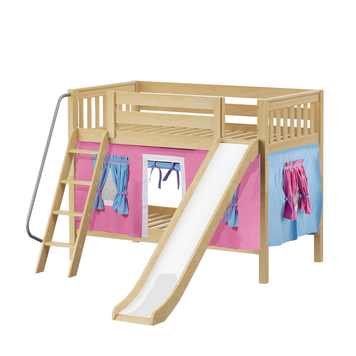 Maxtrix Twin Low Bunk Bed with Angled Ladder, Curtain + Slide