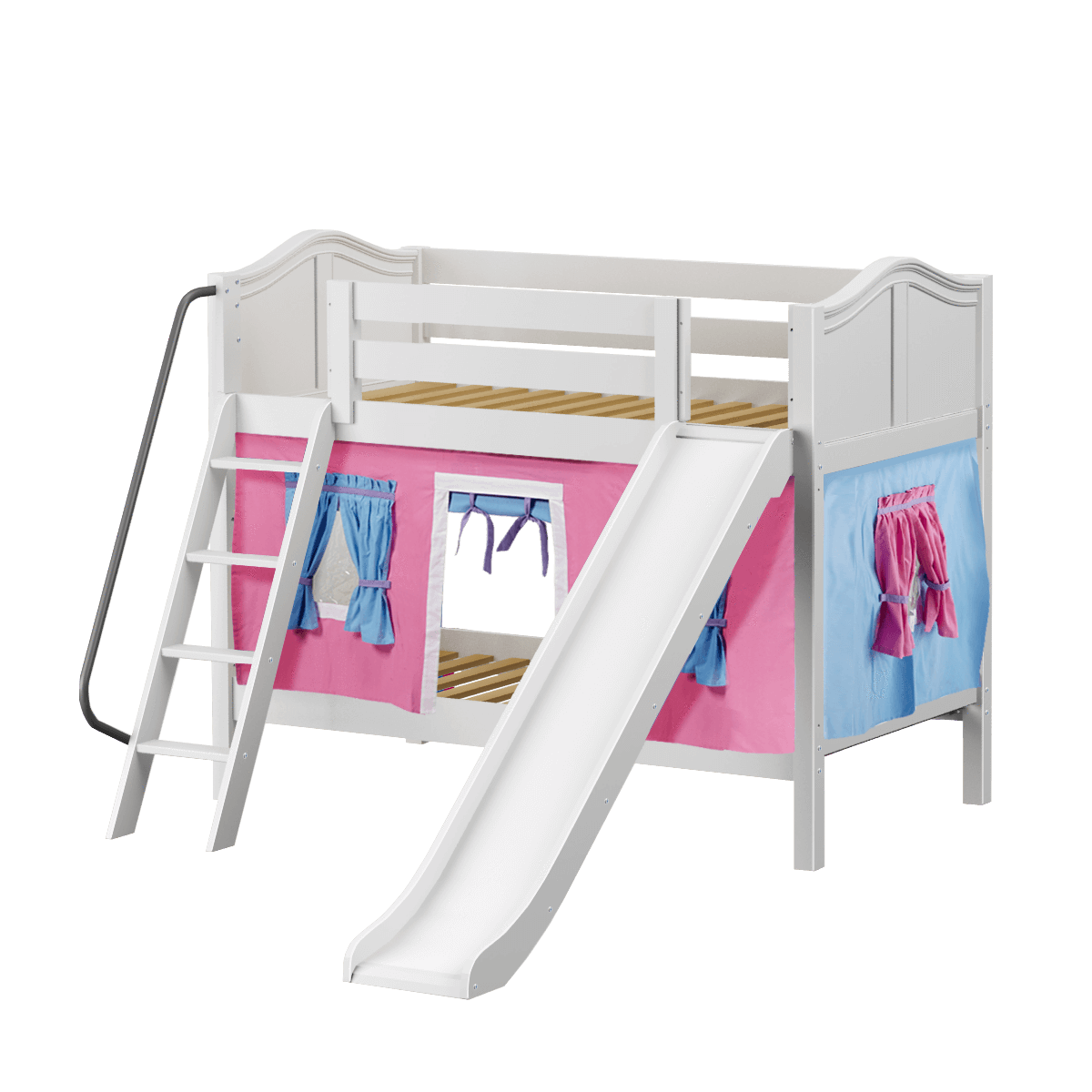 Maxtrix Twin Low Bunk Bed with Angled Ladder, Curtain + Slide