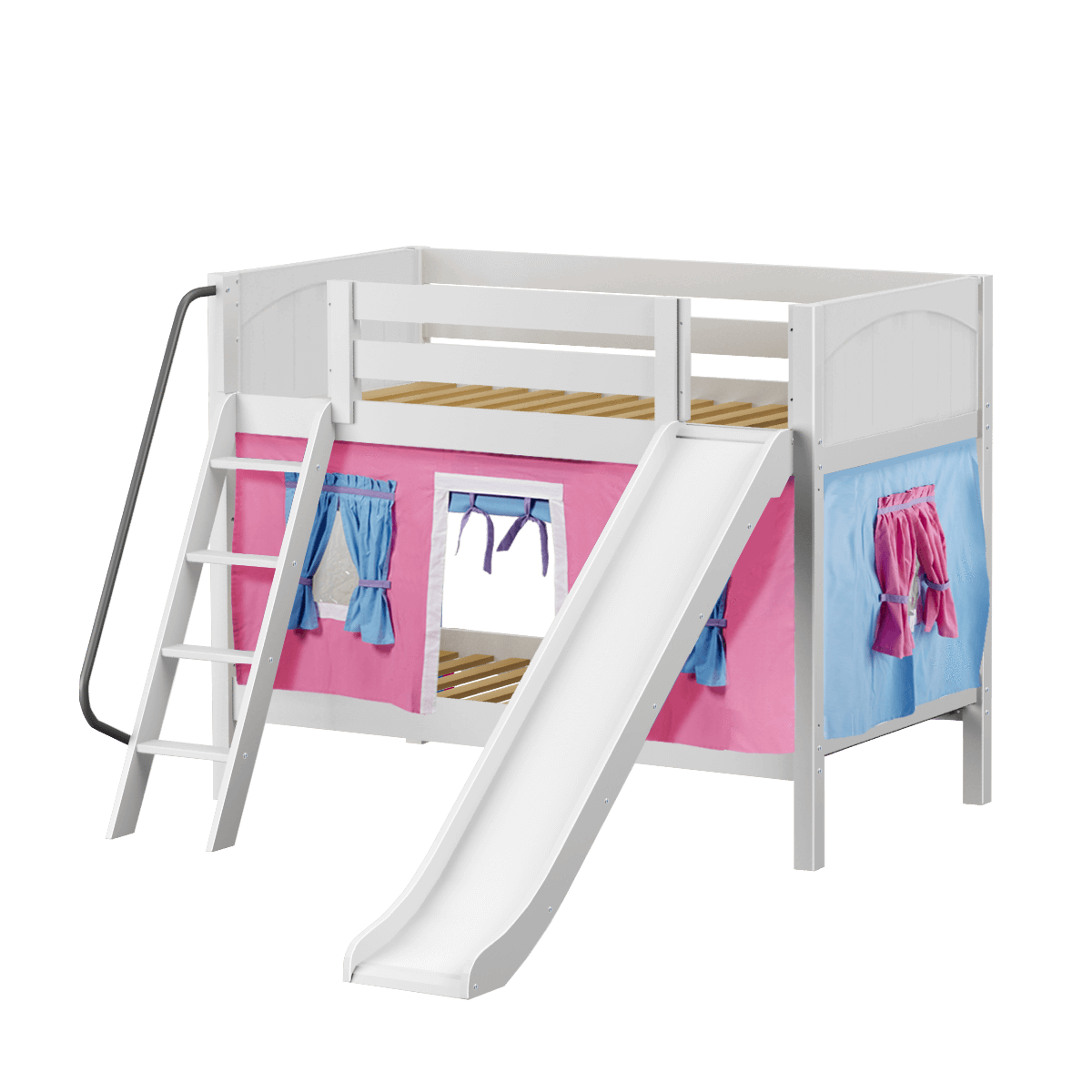 Maxtrix Twin Low Bunk Bed with Angled Ladder, Curtain + Slide