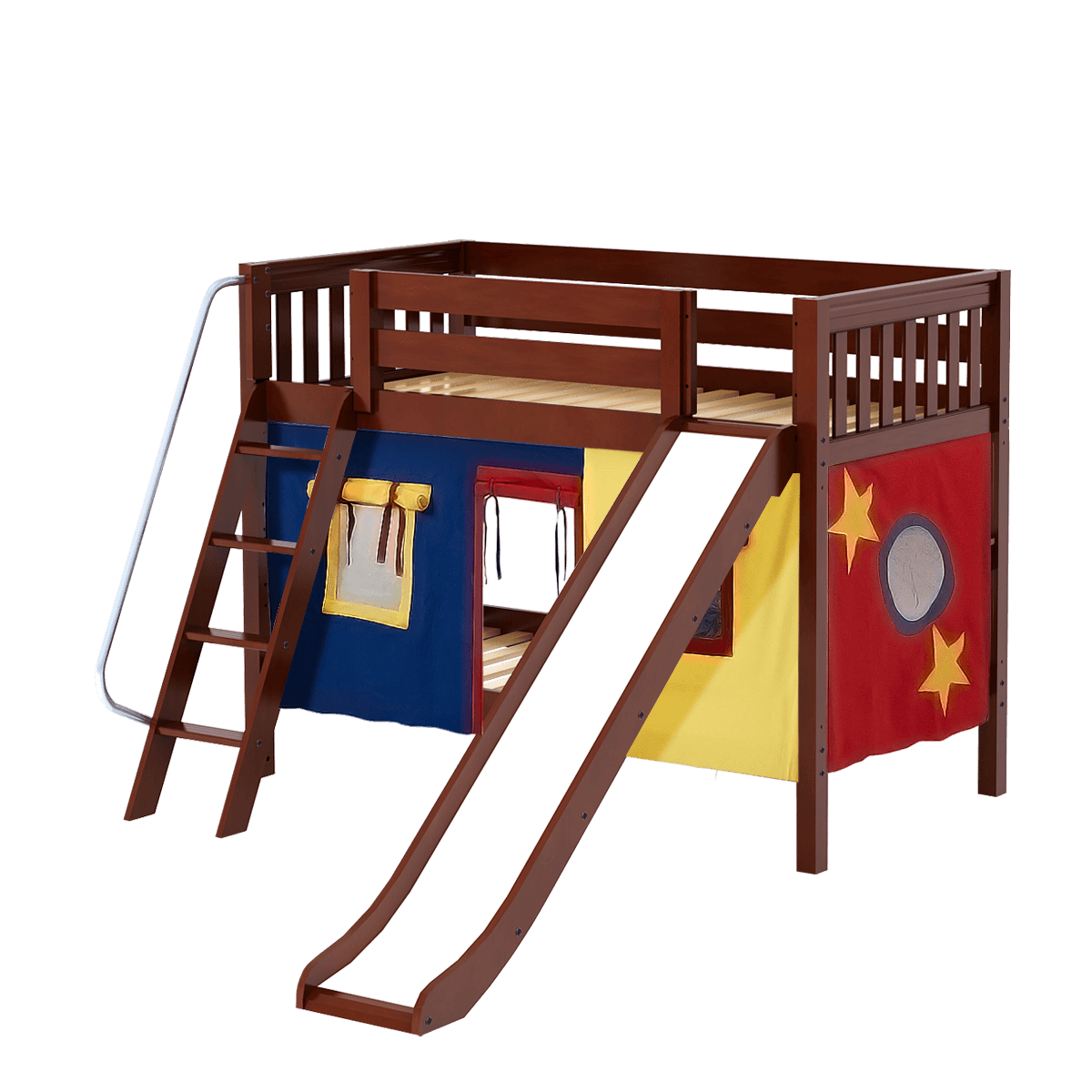 Maxtrix Twin Low Bunk Bed with Angled Ladder, Curtain + Slide