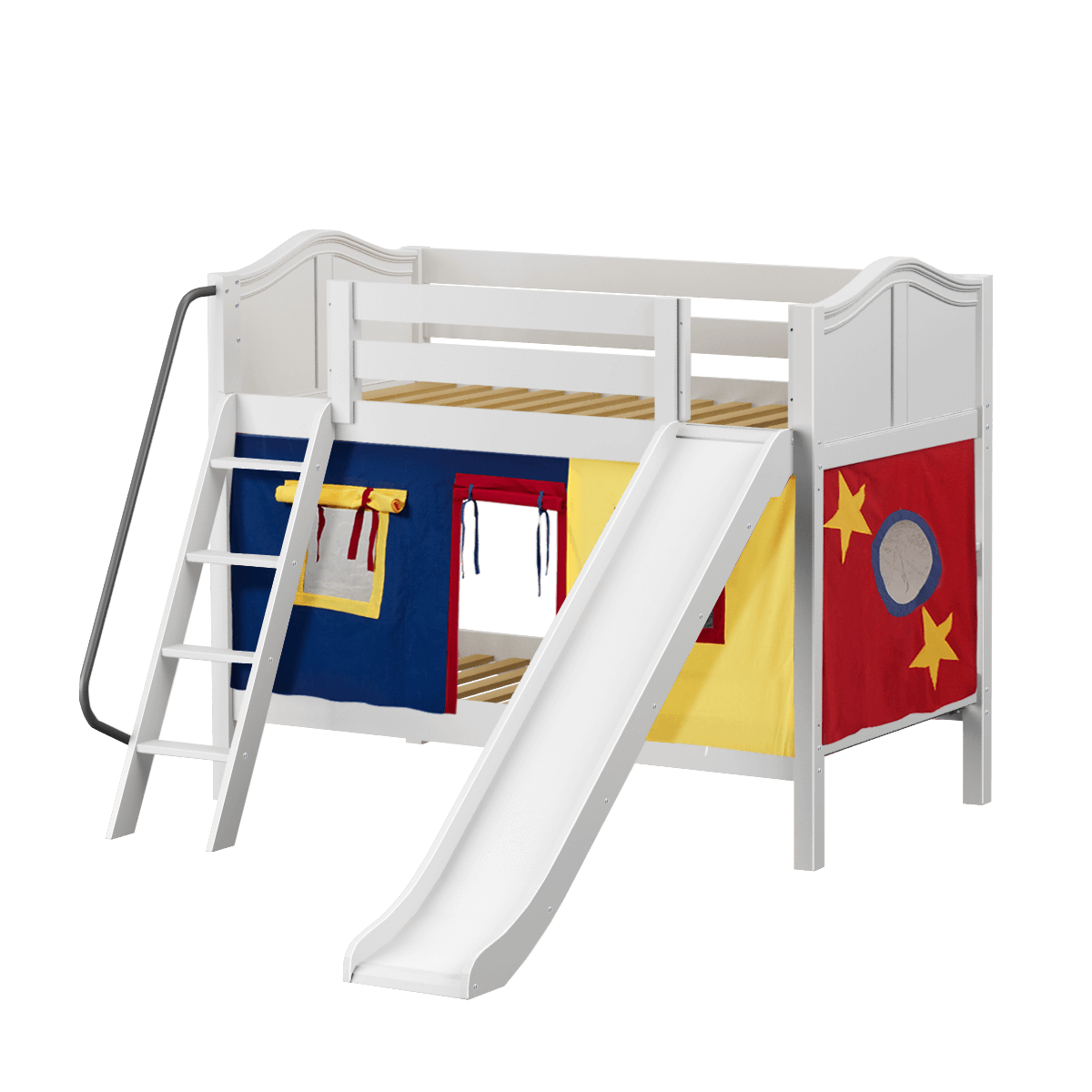 Maxtrix Twin Low Bunk Bed with Angled Ladder, Curtain + Slide