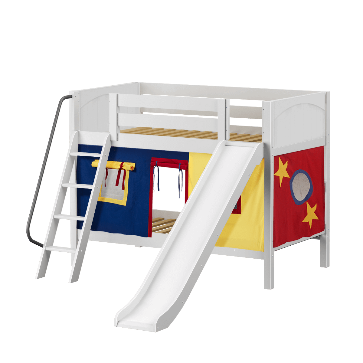 Maxtrix Twin Low Bunk Bed with Angled Ladder, Curtain + Slide