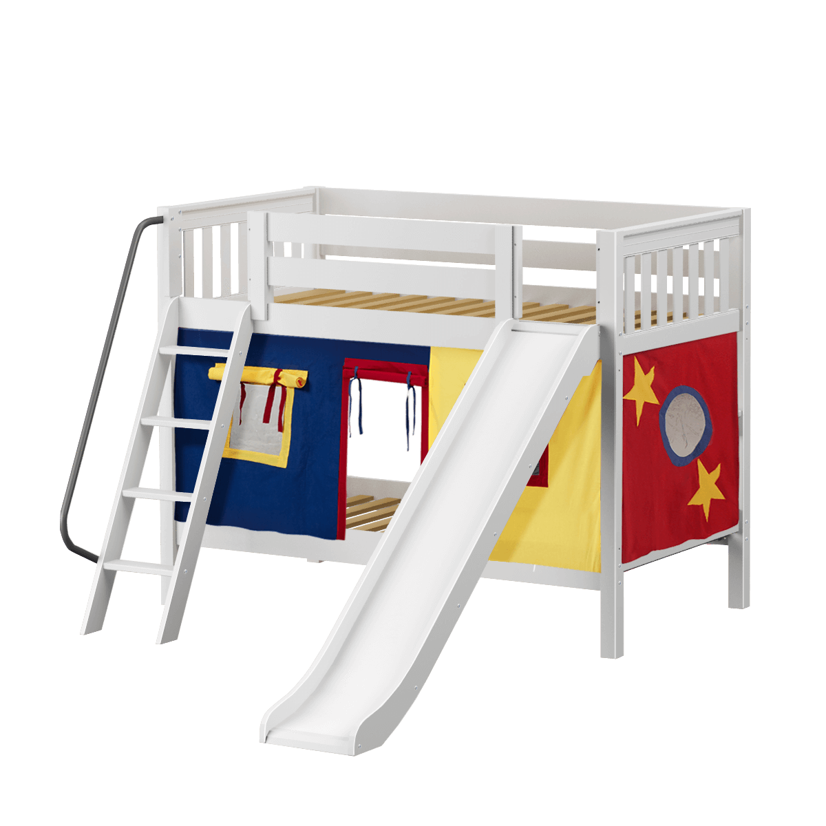 Maxtrix Twin Low Bunk Bed with Angled Ladder, Curtain + Slide